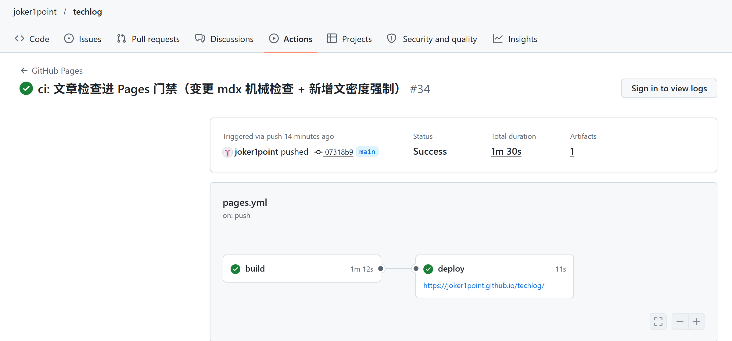 GitHub Actions 页面：工作流 success，步骤列表里包含文章检查步骤